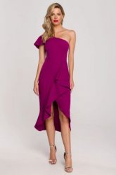 Koktajlowa sukienka na jedno ramię ołówkowa z falbaną fiolet. Sukienki damskie Makover, na imprezę, l, bez wzorów, wizytowe, bez kołnierzyka, bez ramiączek, ołówkowe. Za 309.00 zł.