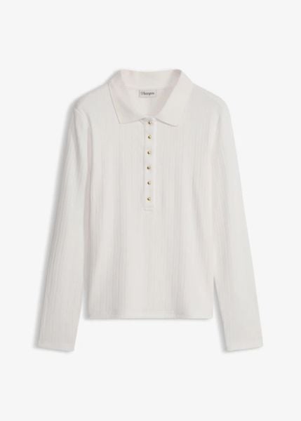 Koszulka polo z miękkiej mieszanki wiskozy. Białe bluzki damskie bonprix, bez wzorów, z wiskozy, bez kołnierzyka, bez ramiączek. Za 109.99 zł.