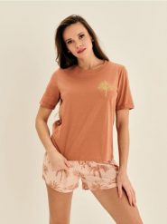 Piżama dwuczęściowa z motywem palm - brązowy. Brązowe piżamy damskie Sinsay, l, bez wzorów, bez ramiączek. Za 39.99 zł.