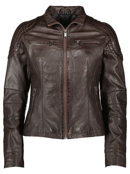 HIS Skórzana kurtka w kolorze ciemnobrązowym rozmiar: 42. Brązowe kurtki damskie HIS, bez wzorów, ze skóry, bez kaptura. Za 505.13 zł.