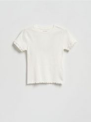Bawełniany t-shirt z falbankami - złamana biel. Koszulki dziewczęce Reserved, bez wzorów, z bawełny, bez ramiączek. Za 29.99 zł.