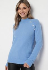 Jasnoniebieski Sweter Półgolf z Guzikami Irisaia. Niebieskie swetry klasyczne damskie Born2be, m, z jeansu, bez kołnierzyka. Za 64.99 zł.