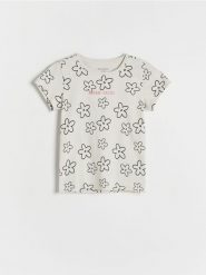 Bawełniany t-shirt z nadrukiem - jasnoszary. Szare koszulki dziewczęce Reserved, bez wzorów, z bawełny, bez ramiączek. W wyprzedaży za 9.99 zł.
