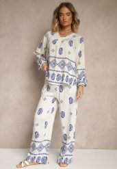 Biało-Niebieski Komplet w Stylu Etno Spodnie z Gumką w Pasie i Bluzka Oversize Eviralyn. Białe spodnie materiałowe damskie Renee, bez wzorów, eleganckie. Za 89.99 zł.