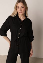 Czarna Koszula z Bawełną i Lnem Ozdobiona Wycięciami i Ściągana w Pasie Harwinds. Czarne koszule damskie Born2be, m, z aplikacjami, z bawełny, biznesowe, bez kołnierzyka, bez ramiączek. Za 139.99 zł.