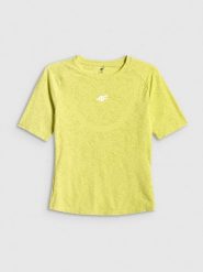 4F Koszulka treningowa slim szybkoschnąca damska - zielona L. Zielone bluzki damskie 4f, l, bez wzorów, z materiału, bez kołnierzyka, bez ramiączek. Za 119.99 zł.