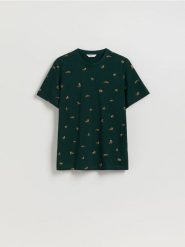 T-shirt regular z nadrukiem - ciemnozielony. Zielone t-shirty męskie Reserved, l, bez wzorów, z bawełny, bez kołnierzyka. W wyprzedaży za 39.99 zł.