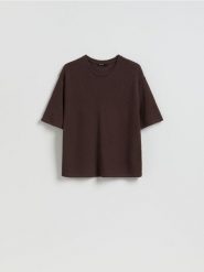 T-shirt z wiskozą - ciemnobrązowy. Brązowe t-shirty damskie Reserved, l, bez wzorów, z dzianiny, bez kołnierzyka. Za 59.99 zł.