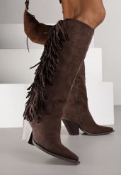 Ciemnobrązowe Kozaki Kowbojki z Imitacji Zamszu z Frędzlami i Stożkowym Obcasem Rafilea. Brązowe kozaki damskie Renee, z koronki, bez obcasa, na obcasie. Za 169.99 zł.