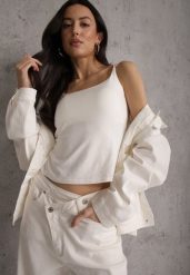 Biały Top z Wiskozy na Podwójnych Ramiączkach Indrea. Białe topy damskie Renee, m, bez wzorów, z jeansu, bez kołnierzyka. Za 64.99 zł.