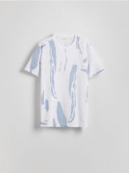 T-shirt regular z nadrukiem - biały. Białe t-shirty damskie Reserved, l, bez wzorów, z bawełny, bez kołnierzyka. W wyprzedaży za 45.99 zł.