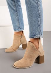 Beżowe Botki Galithera. Brązowe botki damskie Born2be, z jeansu, eleganckie, za kostkę, bez obcasa, na obcasie, bez zapięcia. Za 49.99 zł.