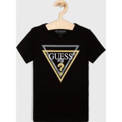 Guess Jeans - T-shirt dziecięcy 118-175 cm. Czarne koszulki dziewczęce Guess Jeans, z aplikacjami, z bawełny, bez ramiączek. Za 79.90 zł.
