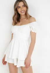 Biały Kombinezon Rhodosyne. Białe kombinezony damskie Born2be, m, bez wzorów, eleganckie, bez kołnierzyka, bez ramiączek, krótkie. Za 109.99 zł.