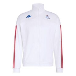 Kurtka dresowa damska Francja 2026/27. Białe kurtki damskie Adidas, bez wzorów, z dresówki, bez kaptura. Za 374.50 zł.