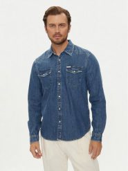 Guess Jeans Koszula jeansowa M4YH55 D5EI1 Granatowy Slim Fit. Niebieskie koszule męskie Guess Jeans, m, z aplikacjami, z bawełny, bez kołnierzyka, bez ramiączek. Za 349.99 zł.