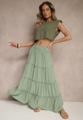 Zielona Rozkloszowana Spódnica z Gumką w Talii Zdobiona Falbanami Dovinelle. Zielone spódniczki damskie Renee, l, z aplikacjami, eleganckie, maxi, rozkloszowane. Za 44.99 zł.