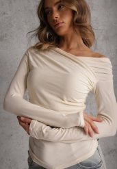 Beżowy Marszczona Bluzka z Bawełną i Dekoltem w Łódkę Orinlia. Brązowe bluzki damskie Renee, l, bez wzorów, z bawełny, eleganckie, bez kołnierzyka, bez ramiączek. Za 99.99 zł.