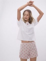 Dwuczęściowa piżama z serduszkami - beżowy. Brązowe piżamy damskie Reserved, l, bez wzorów, z bawełny, bez ramiączek. Za 79.99 zł.