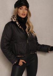 Czarna Pikowana Kurtka Puffer Dwustronna z Futerkiem w Panterkowy Wzór Tinnathra. Czarne kurtki damskie Renee, m, z aplikacjami, z futra, bez kaptura. Za 249.99 zł.