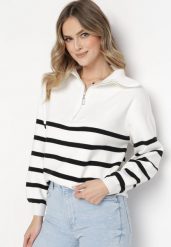 Biało-Czarny Golf Sweter Zapinany na Suwak w Paski Sakine. Białe golfy damskie Born2be, m, bez wzorów, bez ramiączek. Za 119.99 zł.