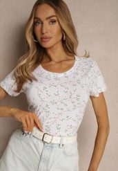 Biały Bawełniany T-shirt z Kwiatowym Wzorem Savioraie. Białe t-shirty damskie Renee, l, bez wzorów, z bawełny, bez kołnierzyka. Za 29.99 zł.