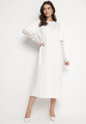 Jasnobeżowa Bawełniana Sukienka T-shirt z Rozcięciami i Koronkowymi Rękawami Fenisia. Brązowe sukienki damskie Born2be, uniwersalny, bez wzorów, z bawełny, bez kołnierzyka. Za 79.99 zł.