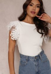 Biały Top z Bawełny z Ozdobną Koronką Adexis. Białe topy damskie Renee, m, bez wzorów, z bawełny, bez kołnierzyka. Za 59.99 zł.