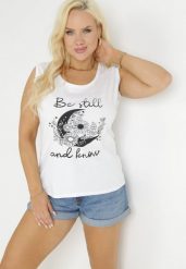 Biały Tank Top z Nadrukiem i Okrągłym Dekoltem Irinka. Białe topy damskie Born2be, xl, bez wzorów, bez kołnierzyka. Za 34.99 zł.