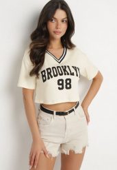 Jasnobeżowy Bawełniany T-shirt z Napisem Nitanelia. Brązowe t-shirty damskie Born2be, m, bez wzorów, z bawełny, bez kołnierzyka. Za 29.99 zł.