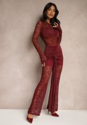 Bordowy Komplet z Koronki Zdobiony Trenem Spodnie o Szerokim Kroju i Bluzka Longsleeve Feladi. Czerwone spodnie materiałowe damskie Renee, z aplikacjami, z koronki, eleganckie. Za 169.99 zł.