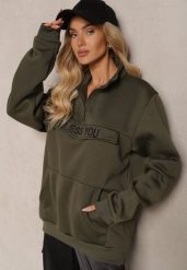 Ciemnozielona Bluza Ozdobiona Napisem Suwakiem i Kieszonką w Stylu Kangurka Zilviana. Zielone bluzy bez kaptura damskie Renee, l, z jeansu. Za 74.99 zł.