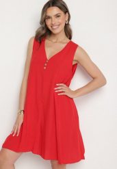 Czerwona Rozkloszowana Sukienka z Bawełny z Ozdobnymi Guzikami Folusae. Czerwone sukienki damskie Born2be, na co dzień, na lato, l, bez wzorów, z bawełny, eleganckie, bez kołnierzyka, bez ramiączek, mini, proste. W wyprzedaży za 51.99 zł.