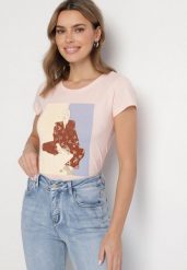 Jasnoróżowy Bawełniany T-shirt z Ozdobnym Nadrukiem Setonisea. Czerwone t-shirty damskie Born2be, l, bez wzorów, z bawełny, bez kołnierzyka. Za 34.99 zł.