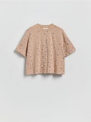 T-shirt z haftem - beżowy. Brązowe t-shirty damskie Reserved, l, bez wzorów, z bawełny, bez kołnierzyka. Za 69.99 zł.