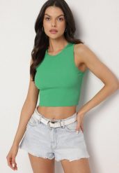 Zielony Krótki Tank Top z Prążkowanej Tkaniny Nevallia. Zielone topy damskie Born2be, s, bez wzorów, z jeansu, bez kołnierzyka. Za 14.99 zł.