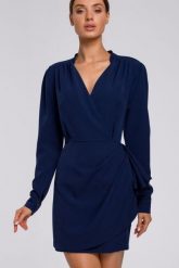 Elegancka kopertowa sukienka mini z drapowaniem granatowa. Sukienki damskie Sukienki.shop, na spotkanie biznesowe, xl, bez wzorów, eleganckie, bez kołnierzyka, bez ramiączek, mini, kopertowe. Za 409.00 zł.