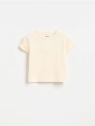 T-shirt z falbaną - kremowy. Białe koszulki dziewczęce Reserved, m, bez wzorów, z bawełny, bez ramiączek. Za 22.99 zł.