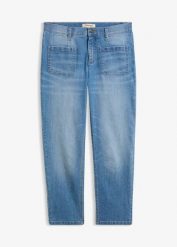 Jeansy o kroju slim, high waist, cropped. Niebieskie jeansy damskie bonprix, z podwyższonym stanem. Za 114.99 zł.