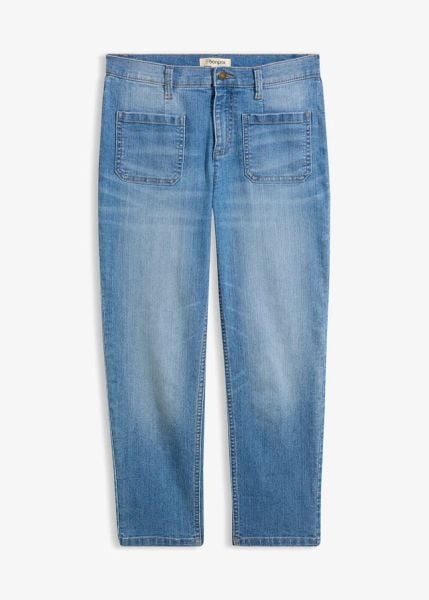Jeansy o kroju slim, high waist, cropped. Niebieskie jeansy damskie bonprix, z podwyższonym stanem. Za 114.99 zł.