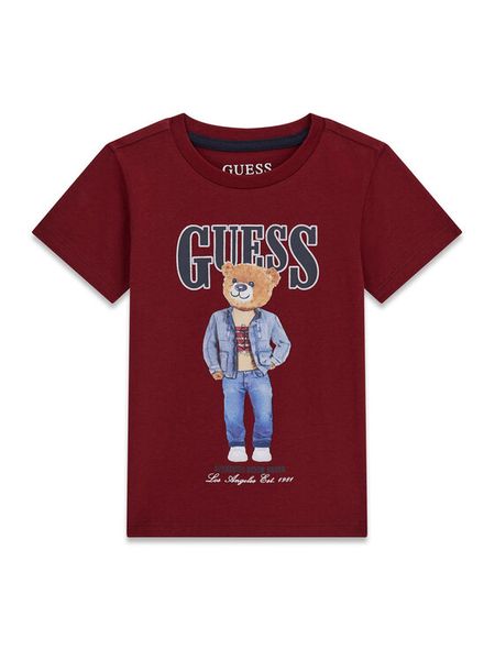 Guess T-Shirt N6RI05 K8HM4 Bordowy Regular Fit. Czerwone t-shirty chłopięce Guess, z aplikacjami, z bawełny, bez ramiączek. Za 99.99 zł.