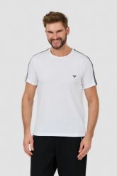 EMPORIO ARMANI Biały t-shirt bande logo. Białe t-shirty męskie Emporio Armani, l, bez wzorów, bez kołnierzyka. W wyprzedaży za 179.99 zł.