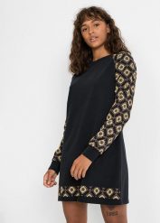Sukienka dresowa z nadrukiem. Czarne sukienki damskie bonprix, bez wzorów, z dresówki, bez kołnierzyka, bez ramiączek. Za 149.99 zł.