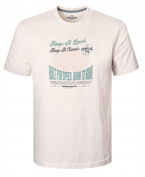Bawełniana, Męska Koszulka (T-Shirt) - Pako Jeans - Kremowa z Nadrukiem. Białe t-shirty męskie Pako Jeans, l, bez wzorów, z bawełny, bez kołnierzyka. Za 75.00 zł.