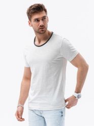 Męski t-shirt z surowym wykończeniem – ecru V6 - Rozmiar: L. T-shirty męskie Ombre Clothing, l, z aplikacjami, z bawełny, bez kołnierzyka. W wyprzedaży za 19.99 zł.