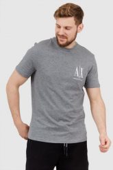ARMANI EXCHANGE Szary t-shirt męski z wyszywanym logo. Szare t-shirty męskie Armani Exchange, l, bez wzorów, prążkowane, bez kołnierzyka. W wyprzedaży za 159.99 zł.