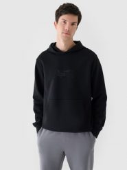 4F Bluza dresowa nierozpinana z kapturem męska - czarna M. Czarne bluzy sportowe męskie 4f, bez wzorów, z bawełny, sportowe, bez kołnierzyka, bez ramiączek. W wyprzedaży za 99.99 zł.