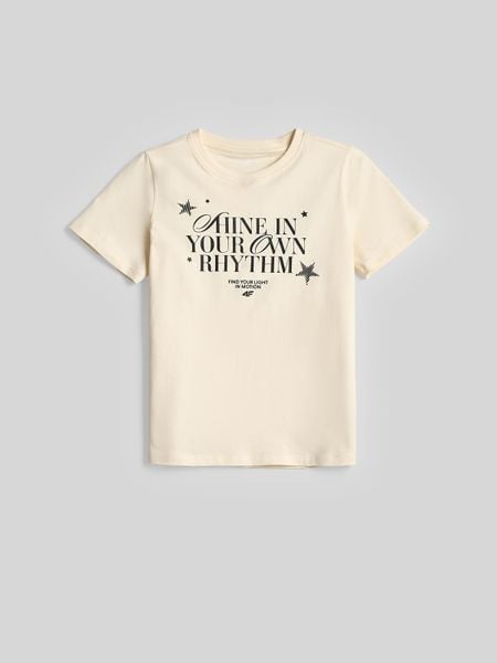 4F T-shirt regular z nadrukiem damski - kremowy 122 (6-7 lat). Białe koszulki dziewczęce 4f, m, bez wzorów, z jersey, bez ramiączek. Za 49.99 zł.