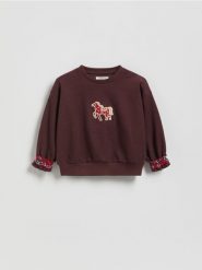 Bawełniana bluza z nadrukiem - ciemnobrązowy. Brązowe bluzy i bluzki niemowlęce Reserved, bez wzorów, z bawełny, bez ramiączek, bez kaptura. Za 55.99 zł.