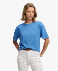 Superdry Koszulka Studios Crew z bawełną i lyocellem, relaxed fit. Niebieskie t-shirty damskie Superdry., uniwersalny, bez wzorów, z bawełny, bez ramiączek. Za 132.00 zł.